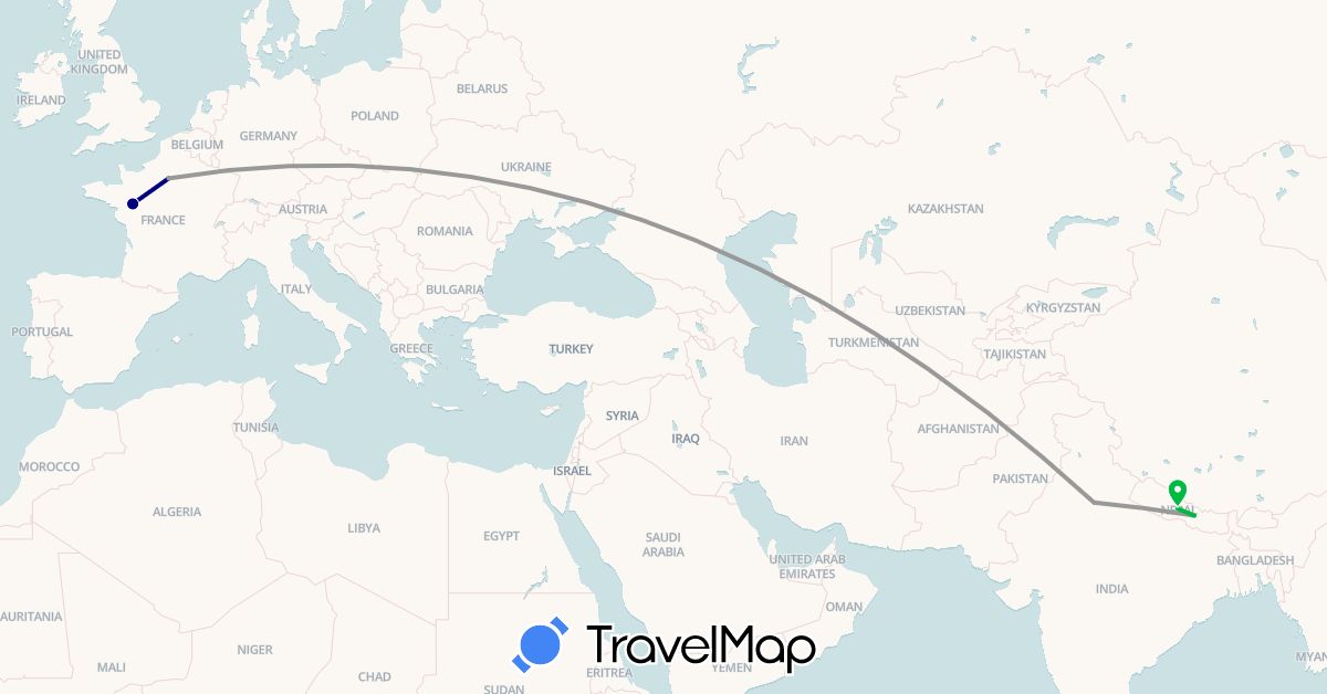 TravelMap itinerary: driving, bus, plane in France, India, Nepal (Asia, Europe)